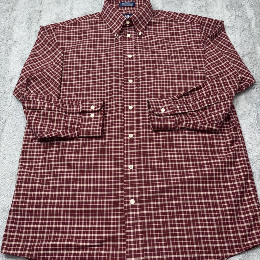 STAFFORD Wrinkle Free  Cranberry‎ & Khaki Plaid Shirt  L 16 34-35